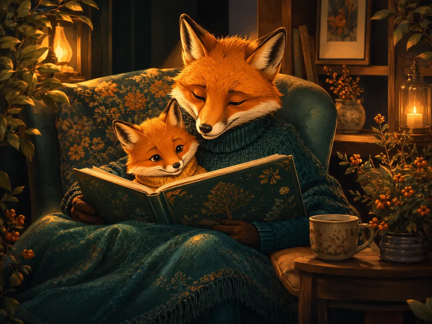 Un bambino ascolta una storia riccamente illustrata in una biblioteca calda e nascosta